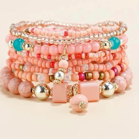 8 piece Beaded Bohemian Bracelet in Coral, Turquoise, Pink, and Gold - Picture 3 of 4